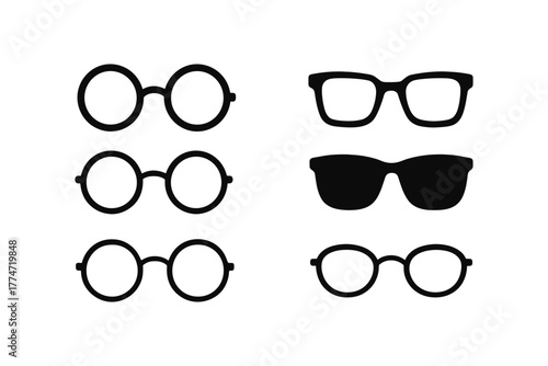 Variety of minimalist eyeglasses silhouettes in black on white background