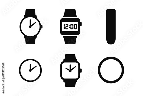 Minimalist black watch icons set featuring analog and digital styles