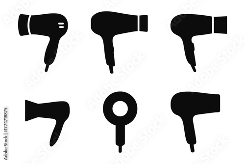 Minimalist black hair dryer icons in different styles