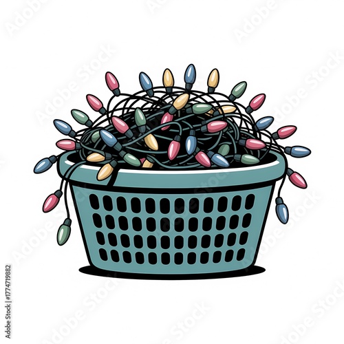 Tangled Christmas Lights Mess in Laundry Basket Vector Illustration