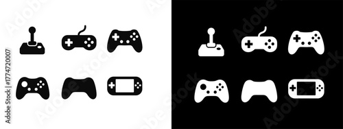Monochrome gaming icons set featuring controllers and joysticks in flat style