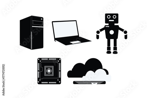 Black Technology Icon Pack – Monochrome CPU, Laptop, Robot, AI Chip, Cloud Server Vector Se