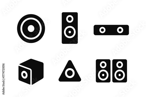 Speaker icons set: minimalist black silhouettes of sound equipment