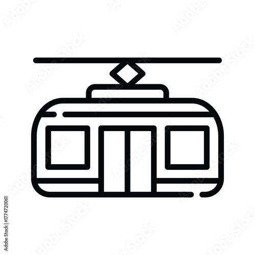 A black and white line drawing of a cable car with a horizontal cable above The car has windows and doors