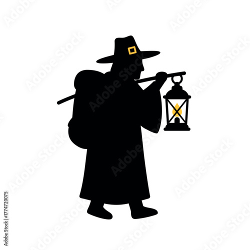 Pilgrim silhouette with lantern and staff walking.