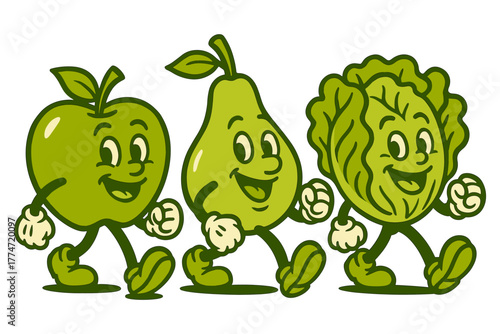 Cheerful cartoon fruits and veggie characters walking with smiles