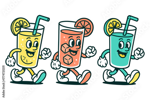 Cheerful cartoon beverages marching with smiles and fruit accents