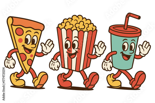 Cartoon food characters: pizza, popcorn, and drink with energetic expressions