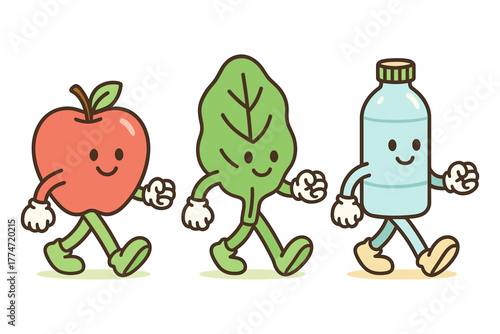 Happy walking characters of apple, leaf, and bottle in cute cartoon style
