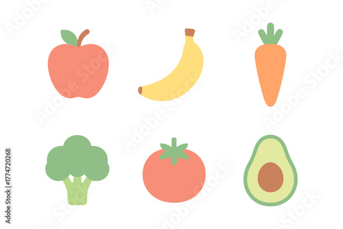 Colorful flat icons of popular fruits and vegetables for healthy eating designs