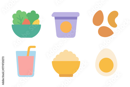 Colorful flat icons of healthy food and beverages for modern design