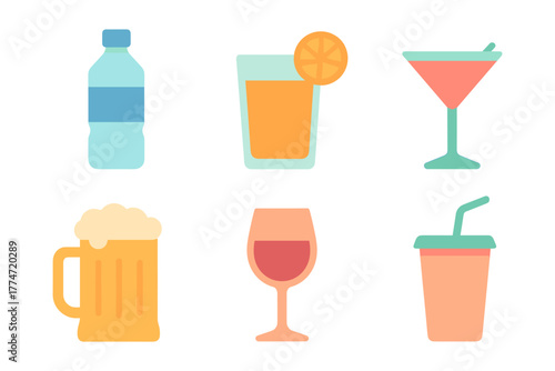 Flat style beverage icons set: water, juice, cocktail, beer, wine, soft drink