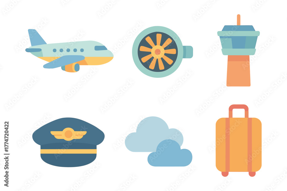 Naklejka premium Flat style aviation icons set with airplane, engine, control tower, pilot hat, clouds, and suitcase