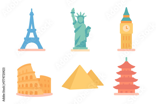 Iconic world landmarks in flat style: eiffel tower, statue of liberty, big ben
