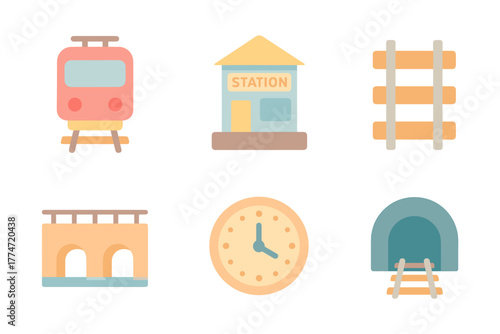 Minimalist train icons featuring station, bridge, and tunnel in soft pastel hues