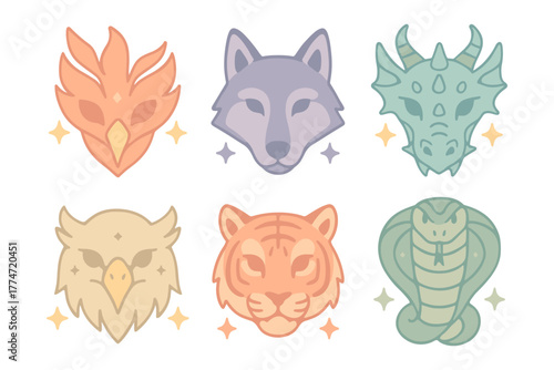 Fantasy animal heads: dragon, tiger, wolf, phoenix, eagle, cobra icons