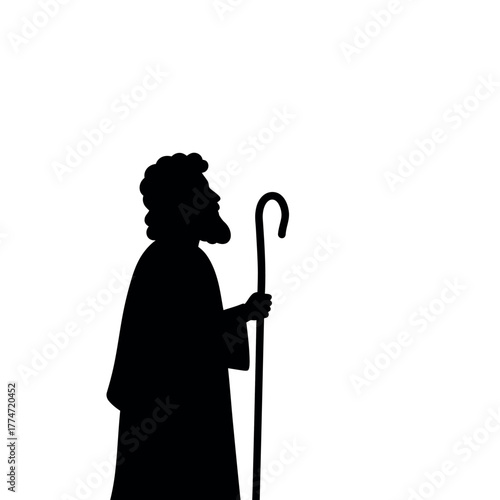 Silhouette of a Shepherd with Staff in Black.