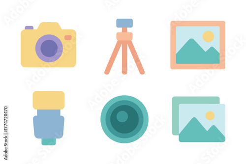 Simple photography icons set featuring camera, lens, tripod, and photo frames in flat design