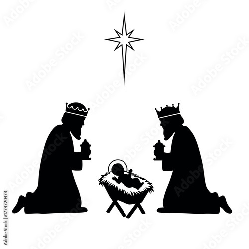 Silhouette of Wise Men Worshiping Baby Jesus.