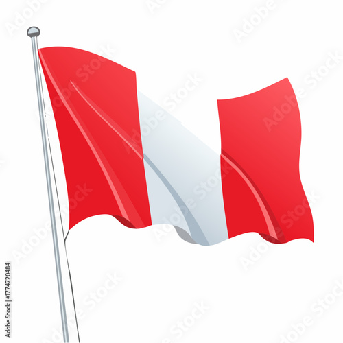 Stylized peruvian flag waving on a pole against a white background