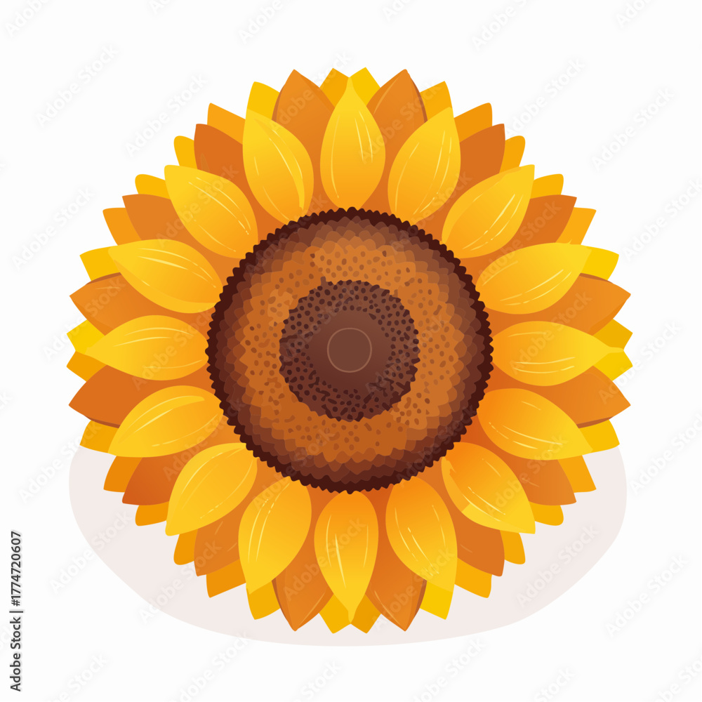 Fototapeta premium Stylized sunflower illustration with yellow petals and brown center on white background