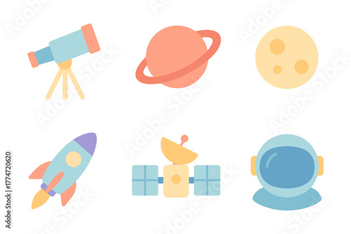 Flat space icons: telescope, planet, moon, rocket, satellite, astronaut helmet
