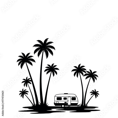 Tropical Beach Camping with RV and Palm Trees.