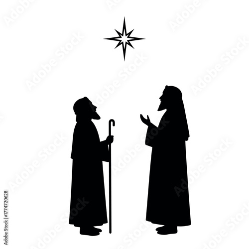 Two Wise Men Silhouettes Gazing at a Guiding Star.