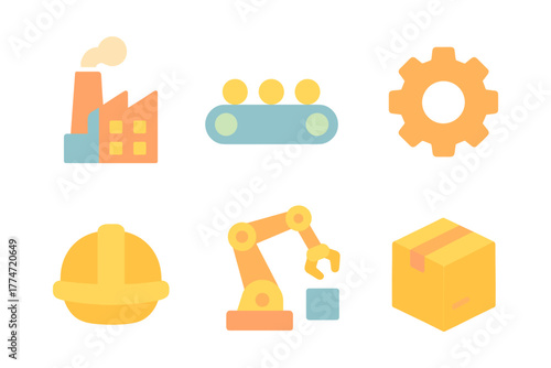 Flat design industry icons set: factory, conveyor belt, gear, helmet, robotic arm, box