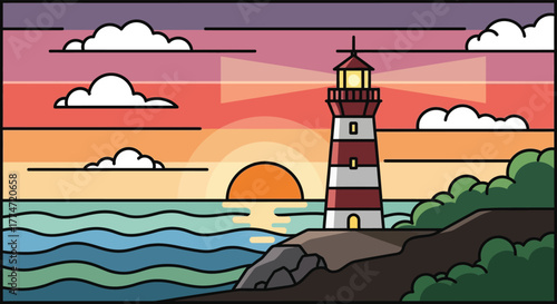 Stylized illustration of a red and white striped lighthouse on a rocky coast at sunset with ocean waves and clouds