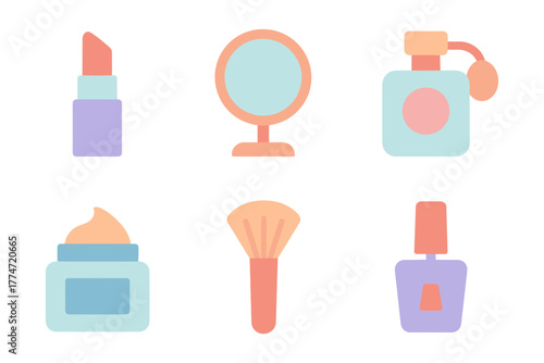 Pastel beauty icons featuring lipstick, mirror, perfume, cream, brush, and nail polish