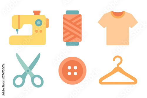 Stylish sewing elements set featuring flat design: machine, thread, scissors, button, t-shirt, hanger