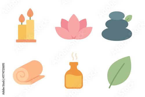 Flat design spa icons: candles, lotus, stones, towel, oil, leaf