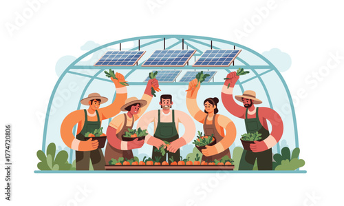 Farmers harvesting fresh vegetables inside modern greenhouse. Eco farming concept with sustainability, organic agriculture, and environmental care illustration.
