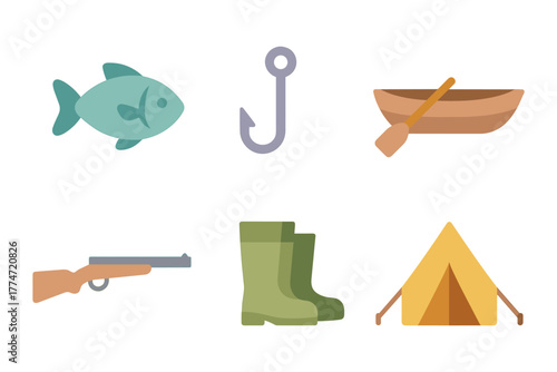 Camping and fishing gear: flat design icons for outdoor adventures