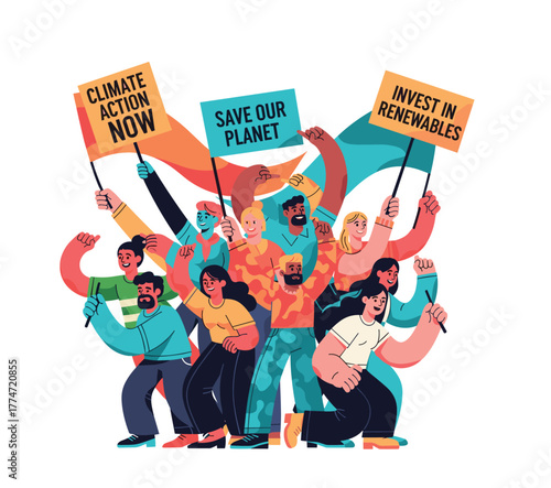 Group of diverse people holding banners for climate change awareness. Flat vector illustration promoting earth care and environmental protection.