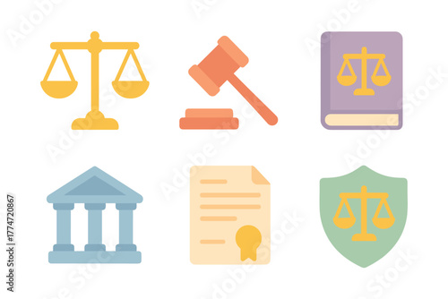 Legal and justice icons set with scale, gavel, and courthouse in flat design