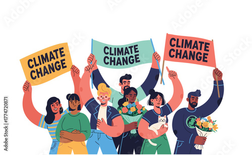 Diverse group of eco activists raising signs for climate justice, global sustainability, renewable energy, and environmental protection.