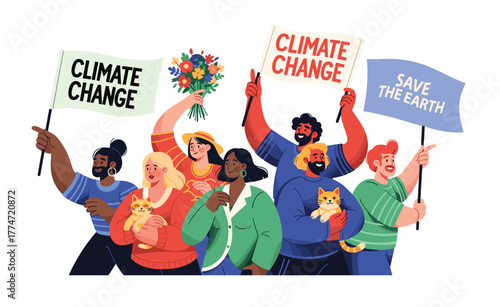 Group of diverse people holding banners for climate change awareness. Flat vector illustration promoting earth care and environmental protection.