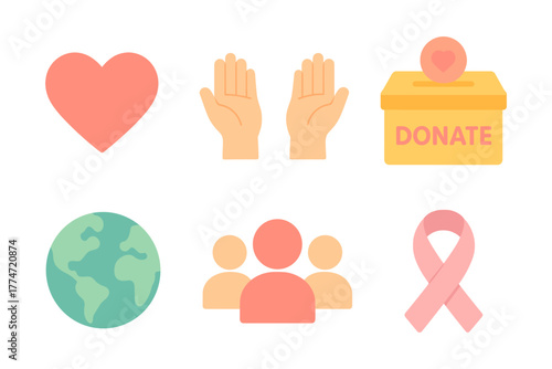 Charity and support icons: heart, hands, donation box, earth, community, ribbon