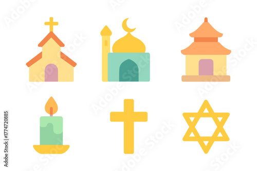 Flat style religious symbols with church, mosque, temple, candle, cross, and star