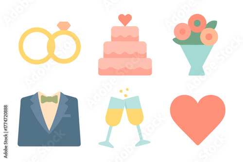 Charming flat style wedding elements with rings, cake, and flowers