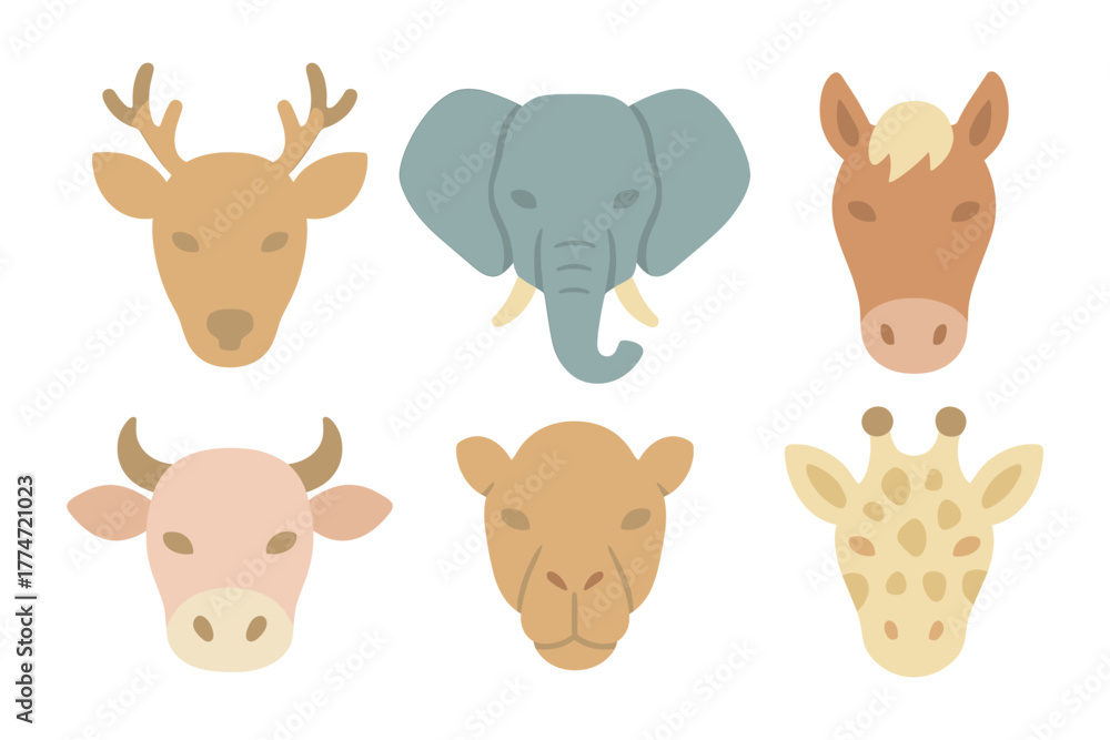 Fototapeta premium Cute animal heads in a flat cartoon style featuring elephant, giraffe, and more