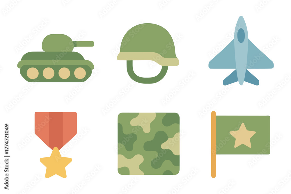Obraz premium Military icons collection: tank, helmet, jet, medal, camouflage, flag in flat design