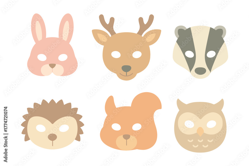 Fototapeta premium Cute animal masks collection: bunny, deer, badger, hedgehog, squirrel, owl