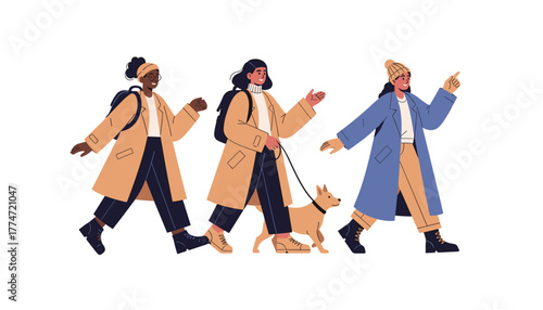 Group of young friends walking outdoors with dog, talking, wearing stylish coats, enjoying casual urban lifestyle together.