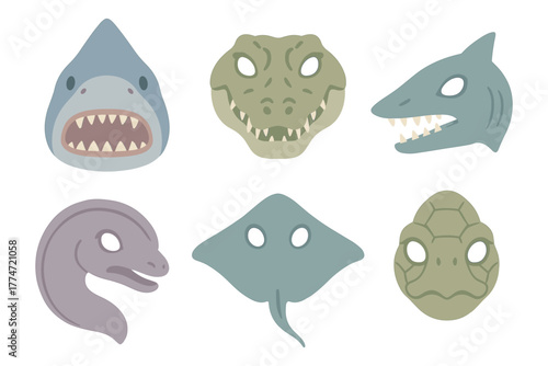 Cute animal faces of sea creatures and reptiles in a flat cartoon style