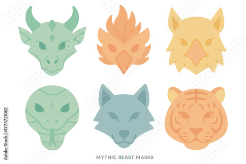 Colorful mythic beast masks collection: dragon, phoenix, wolf, tiger, snake