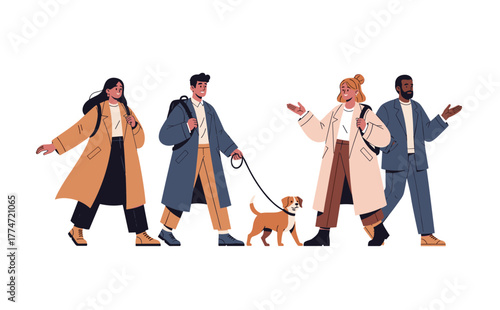 Group of young friends walking outdoors with dog, talking, wearing stylish coats, enjoying casual urban lifestyle together.