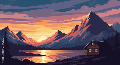 Cozy cabin by a serene lake with majestic mountains at sunset with vibrant sky colors